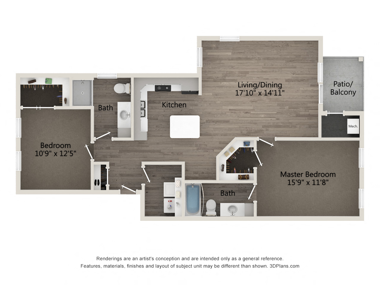 Floor plan for 2 beds, 2 baths, 1061 sqft